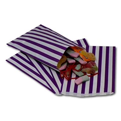 Image of EPOSGEAR® 100 Coloured Candy Stripe Sweet Paper Party Bags Ideal for Gift Shops, Wedding Favours, Carts, Buffets etc (Purple, 5&quot; x 7&quot; Premium 45gsm)