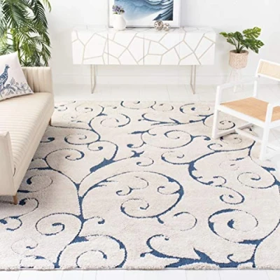 Image of SAFAVIEH Shaggy Rug for Living Room, Dining Bedroom Florida Shag Collection, High Pile, in Cream and Blue, 244 X 305 cm
