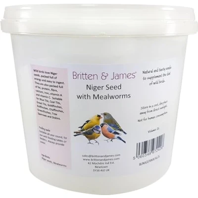 Image of Britten &amp; James Niger Seeds with Added Mealworms for Wild Birds 2L Tub (1kg)
