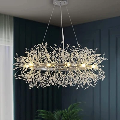 Image of CAI HAI Modern Crystal Chandelier, Dandelion Chandelier with Fireworks, Silver 12 Lights 40 inch, for Living Room, Dining Kitchen