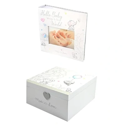 Image of Baby Keepsake Photo Album Wooden Memories Box Set White Bunny Elephant Design Hearts Tree New Born Gift Christening
