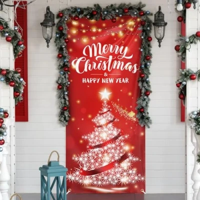 Image of COLOFALLA Merry Christmas Door Cover Decorations 90 * 200cm Tree Xmas Decoration with Ribbon Backdrop and Happy New Year