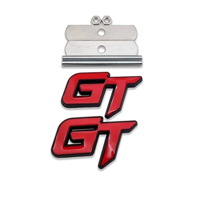 Image of 3D Metal GT Logo Car Front Grille Emblem + Grand Tourer Trunk Lid Badge Racing Sport Sticker Turbo Decal Replacement for Universal Vehicle (Black Red)
