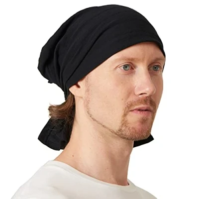 Image of CHARM Cotton Turban Bandana Cap Mens Chemo Head Cover Womens Pirate Hair Wrap Black
