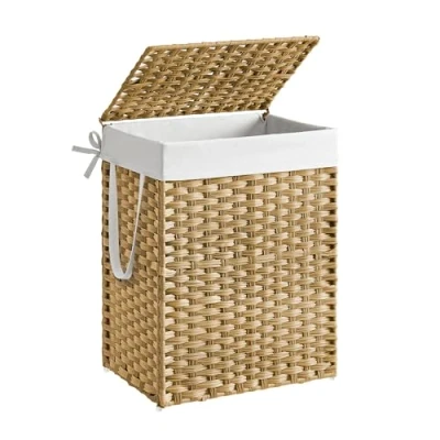 Image of SONGMICS Laundry Basket, 90L Synthetic Rattan Storage Basket with Lid and Handles, Wicker, Foldable, Removable Liners, for Blankets, Clothes, Living Room, Bedroom, Natural Colour LCB51NL