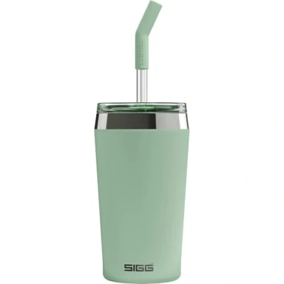 Image of SIGG Insulated Coffee Cup Travel Mug Helia Night Ink With Durable Glass Straw &amp; Cleaning Brush Leakproof BPA Free 18/8 Stainless Steel Green 0.45L