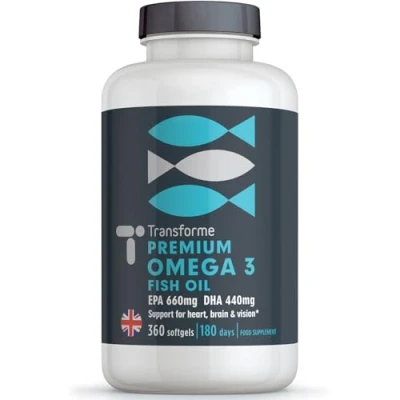 Image of Omega 3 Fish Oil 2000mg, 2 x 1000mg Capsules High Strength Serving 660mg EPA and 440mg DHA, 360 Fatty Acids Softgels Supporting Heart, Brain Eye Health, 6 Month Supply from Transforme