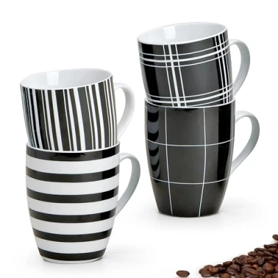 Image of matches21 Coffee Mugs Cups with Eye catching Black White Stripes and Checked Designs Porcelain Set of 4 10 cm 300 ml