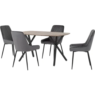 Image of Seconique Athens Dining Table Set with 4 Avery Chairs in Medium Oak Effect/Grey Velvet