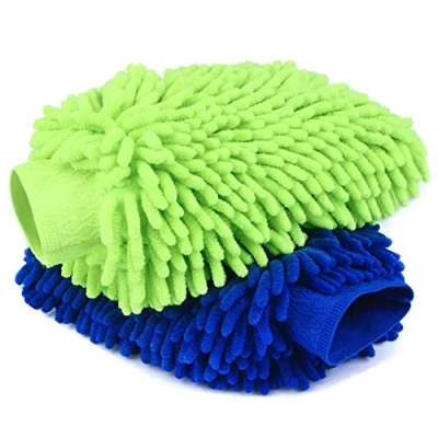 Image of agnirame 2 Pack Large Size Navy Blue Car Wash Mitt, Premium Chenille Microfiber Lint Glove, Scratch Free Cleaning Mitt (blue yellow)