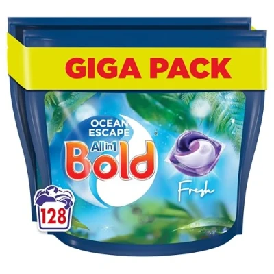 Image of Bold All In 1 PODS Washing Liquid Laundry Detergent Tablets / Capsules, 128 Washes (64 x 2), Ocean Escape, With Built Lenor Fabric Softener