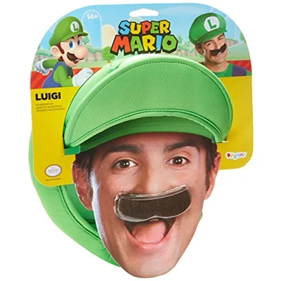 Image of DISGUISE Super Mario Bros. Luigi Adult Costume Hat &amp; Mustache One Size, Green/White/Brown, size