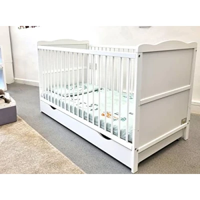 Image of White Wooden 120x60cm Baby Cot Bed with Drawer &amp; Mattress (Cot and Sprung Mattress)
