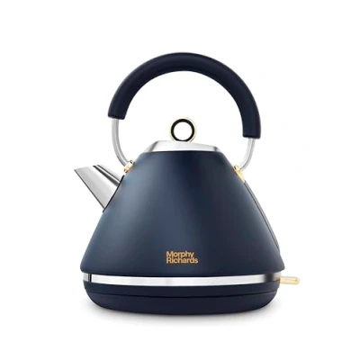 Image of Morphy Richards Accents Pyramid Kettle, 1.5L, Cordless Base, Concealed Element, Water Window, Lid with Ring Pull, 3KW, Navy/Gold, 102045