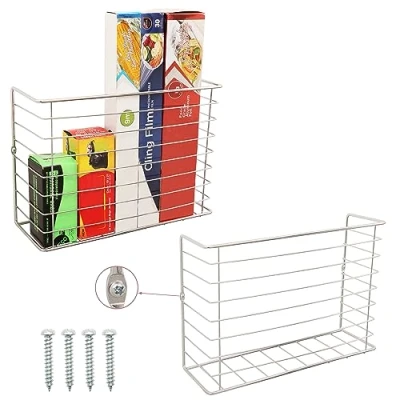 Image of Belle Vous 2 Pack Wall Mounted Hanging Kitchen Storage Baskets Metal Wire Organiser Rack for Cupboard/Cabinet Door Rustic Farmhouse Decor Kitchen/Bathroom/Pantry Bin Shelves Clingfilm &amp; Wrap