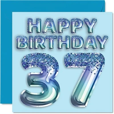Image of 37th Birthday Card for Men Blue Glitter Party Balloon Happy Cards 37 Year Old Man Brother Friend Uncle Dad, 145mm x Thirty Seven Seventh Bday Greeting Gift