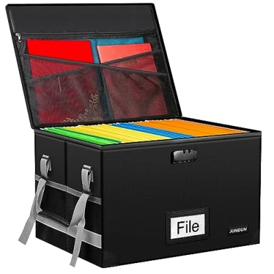 Image of JUNDUN File Box with Lock,Fireproof Document Handle and Zipper,Collapsible Organiser Box,Home Office Fire Safe Storage Filing for A4 Suspension Folder