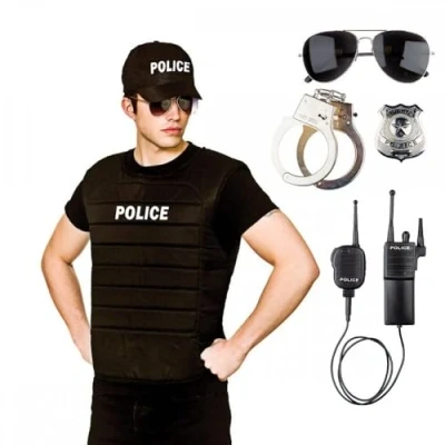 Image of Adult Police Vest &amp; Cap Set + Aviator Sunglasses Special Badge Handcuffs Radio : Unisex Mens Womens Cop Team Fancy Dress Costume