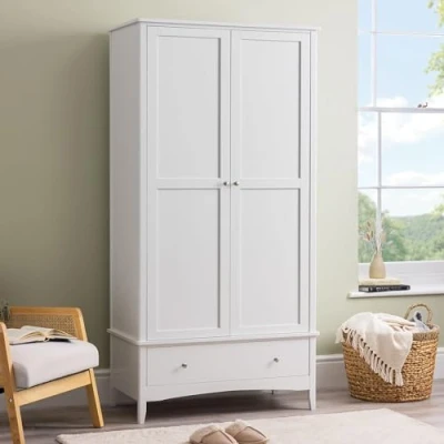 Image of Christow White Double Wardrobe with Drawer, 2 Door Storage Organiser Cupboard, Modern Wooden MDF Bedroom Furniture, Clothes Rail, Shelf, Brushed Chrome Handles, Soft Shut Hinges, 185cm x 94.5cm 50cm