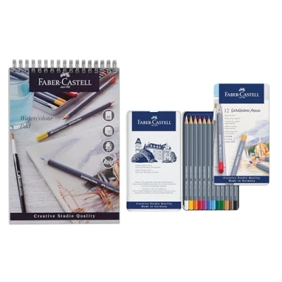 Image of Faber Castell Goldfaber Aqua, Watercolour Pencils, Tin Of 12 &amp; Pad, A5, Spiral Bound Paper, 190 GSM, 15 Sheets