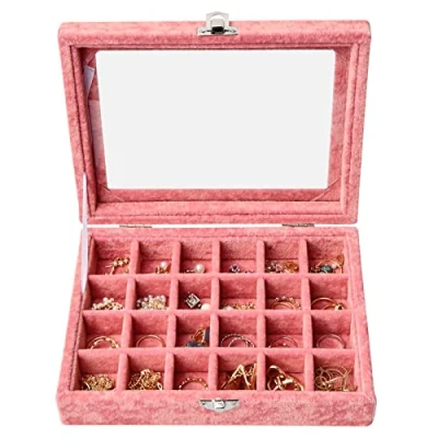 Image of 24 Grids Velvet Jewellery Tray, Detachable Jewelry Showcase Box, Earring Storage Box With Compartments, Clear Lid Display Tray For Ring Brackets Necklace Holder Organizer (Pink)