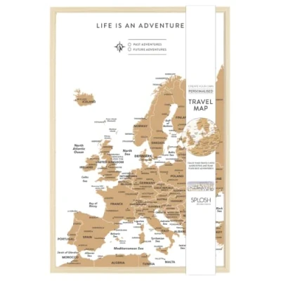 Image of Splosh Travel Map Pin Board Europe in White, Wooden Frame. Corkboard with 100 Pins 2 Colours to Mark Your Past and Future Adventures, Board.