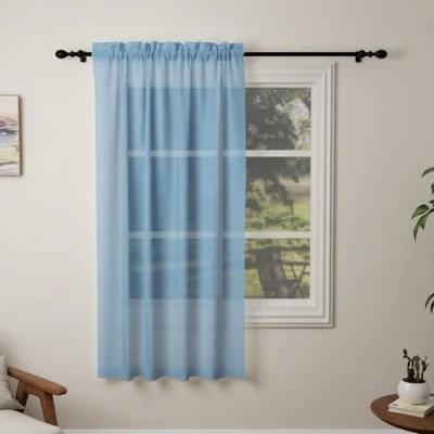 Image of Pacok Blue Voile Curtains, 72 Drop Net Curtain for Windows, Rod Pocket Sheer Panel Curtains Living Room Kitcken Bedroom W56xL72 Inch(Blue,142 x 183cm)