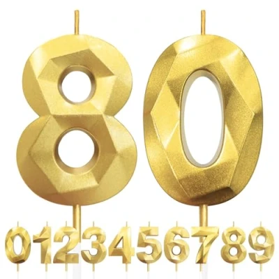 Image of 80th Birthday Candles, Number 80 Candle, Gold Candles for Cake, Diamond 3D Happy Cake Candle Decorations Party Wedding Anniversary Celebration Supplies