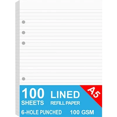 Image of A5 Lined Refills Paper for Filofax Planner/Binders/Organizer, 6 Hole Punched Loose Leaf Paper, 100 Sheets/200 Pages, 100gsm, White, 148 x 210mm