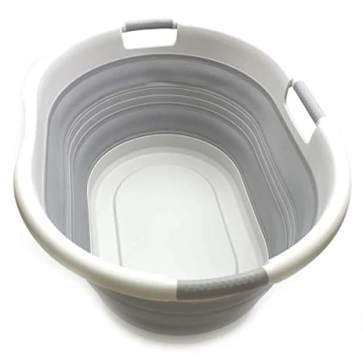 Image of SAMMART 57L Collapsible 3 Handled Plastic Laundry Basket Oval Tub/Basket Foldable Storage Container/Organizer Portable Washing Tub Space Saving Hamper (Grey)