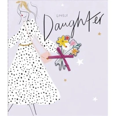 Image of UK Greetings Female &#039;Happy Birthday&#039; Greeting Card Daughter Polka Dot Dress &amp; Flower Posy From The Carlton Cards Range With A Gold Foil Finish Embellishments