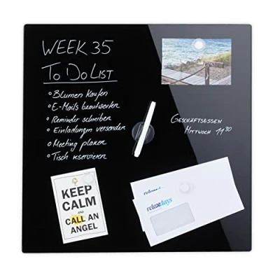 Image of Relaxdays Glass Magnetic Dry Erase Memo Board, Writable, 3 Magnets, Safety Magnet Board 50 x cm, Black