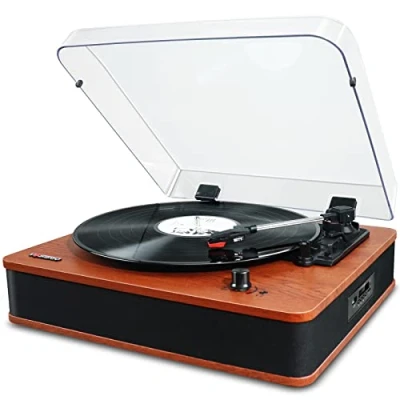 Image of VOSTERIO Bluetooth Record Player Versatile Turntable with Speakers, LP USB/TF Card Playback &amp; Recording, FM Radio, LED Display
