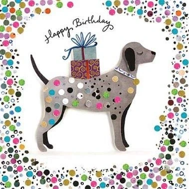 Image of Birthday Card Spotty Dalmatian with Presents Gold Foil and Embossed Finish From the Artisan Range (PR ATG059)