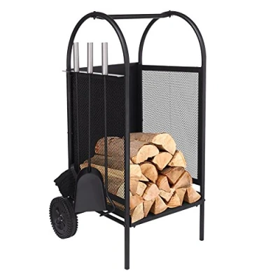 Image of ART TO REAL Firewood Log Rack with Wheels, Cart 3 Tools Fireplace Carriers Holders Black Wrought Iron Tool Set,