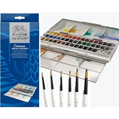 Image of Winsor &amp; Newton Cotman Half Pan Water Colour Studio Set Plus 6 Watercolour Pearl Brushes