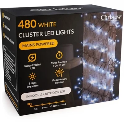Image of CHRISTOW Cluster Christmas Tree Lights, White LED Fairy Lighting with Timer, Indoor &amp; Outdoor, Mains Operated, 8 Light Modes Flashing Static, Green Cable (480 / 5.98m Lit Length)