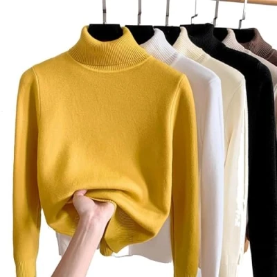 Image of JOCCOS Winter Fleece Thick Knitted Bottoming Shirt, Women Casual Turtleneck Sweater Soft Thermal Slim (Yellow,M(48 53kg))