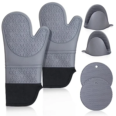 Image of Oven Mitts Pot Holder Silicone Set: Cooking Gloves Heat Resistant Extra Long Non Slip Baking Kitchen for BBQ Men Women 1