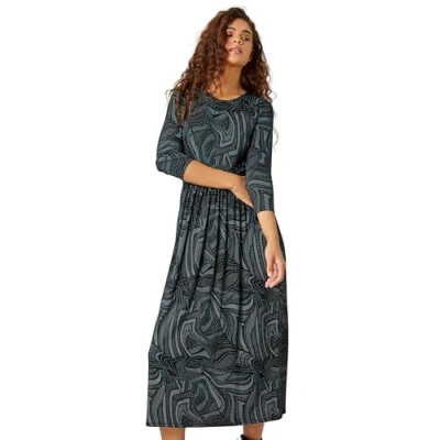 Image of Roman Originals Midi Gathered Dress with Pockets for Women UK Ladies Stretchy Jersey Maxi Round Neck Elasticated High Waisted Boho Flattering Skater Swing Fit Flare Black &amp; Green Size 14