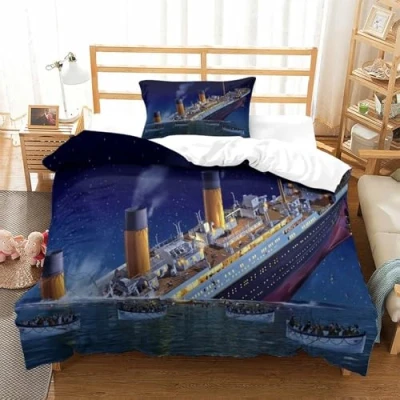 Image of Rochile TitanicDuvet Cover Set 3D Bedding Decorative Microfiber Polyester Comforter with Pillow Shams, Zipper, 2 Pieces Quilt Single（135x200cm）