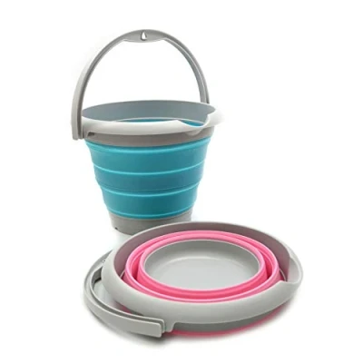 Image of SAMMART 5L Collapsible Plastic Bucket Foldable Round Tub Portable Fishing Water Pail Space Saving Outdoor Waterpot (5L Set of 2, Bright Blue + Pink)