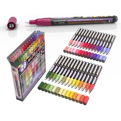 Image of 28 Wildflower Colors Acrylic Paint Pens Studio Color Series Markers Set 0.7mm Extra Fine Tip, Rock Painting, Glass, Mugs, Wood, Metal, Canvas, DIY, Detailing. Non Toxic, Waterbased, Quick Drying