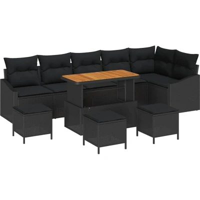 Image of vidaXL 10 Piece Garden Sofa Set with Cushions Black Poly Rattan Acacia