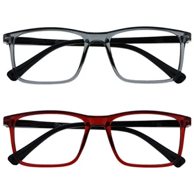 Image of OPULIZE Ink Reading Glasses 2 Pack Large Rectangular Frame Transparent Grey Dark Red Spring Hinges Scratch Resistant Mens Womens RR4 7Z +1.00