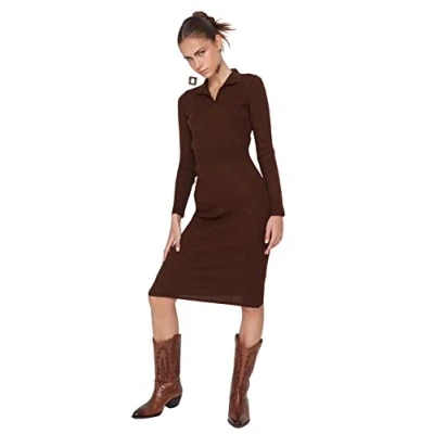 Image of Trendyol Women Midi Bodycone Slim fit Knitwear Dress Brown