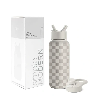Image of Simple Modern Water Bottle with Straw and Chug Lid Insulated Stainless Steel Thermos for Sports Gym Summit Collection 950ml Checkmate