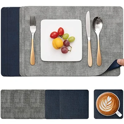 Image of Myir JUN Placemats and Coasters Set of 6, Place Mats Dual Sided Faux Leather Table PU Indoor Outdoor Heat Resistant Placemat Square Non Slip Wipeable Washable Dining Restaurant (Gray Blue)