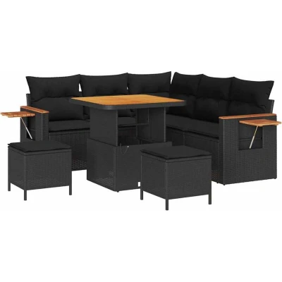 Image of vidaXL 8 Piece Garden Sofa Set with Cushions Black Poly Rattan Acacia
