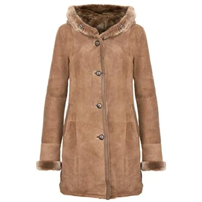Image of Infinity Leather Womens Suede Merino Sheepskin Parka Coat Tripoli Tan Size 16 UK